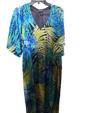 Enfocus Studio Tropical Maxi Dress L XL Blue Green Leaf Print Flowy Resort